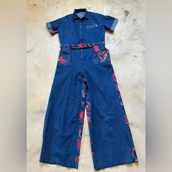 Handmade Boho Floral Denim Wide Leg Jumpsuit S/M Cotton Blend One Piece - Picture 1 of 4